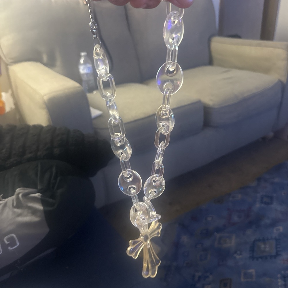 Elegant Clear Chain Necklace with Cross Pendant chrome hearts style